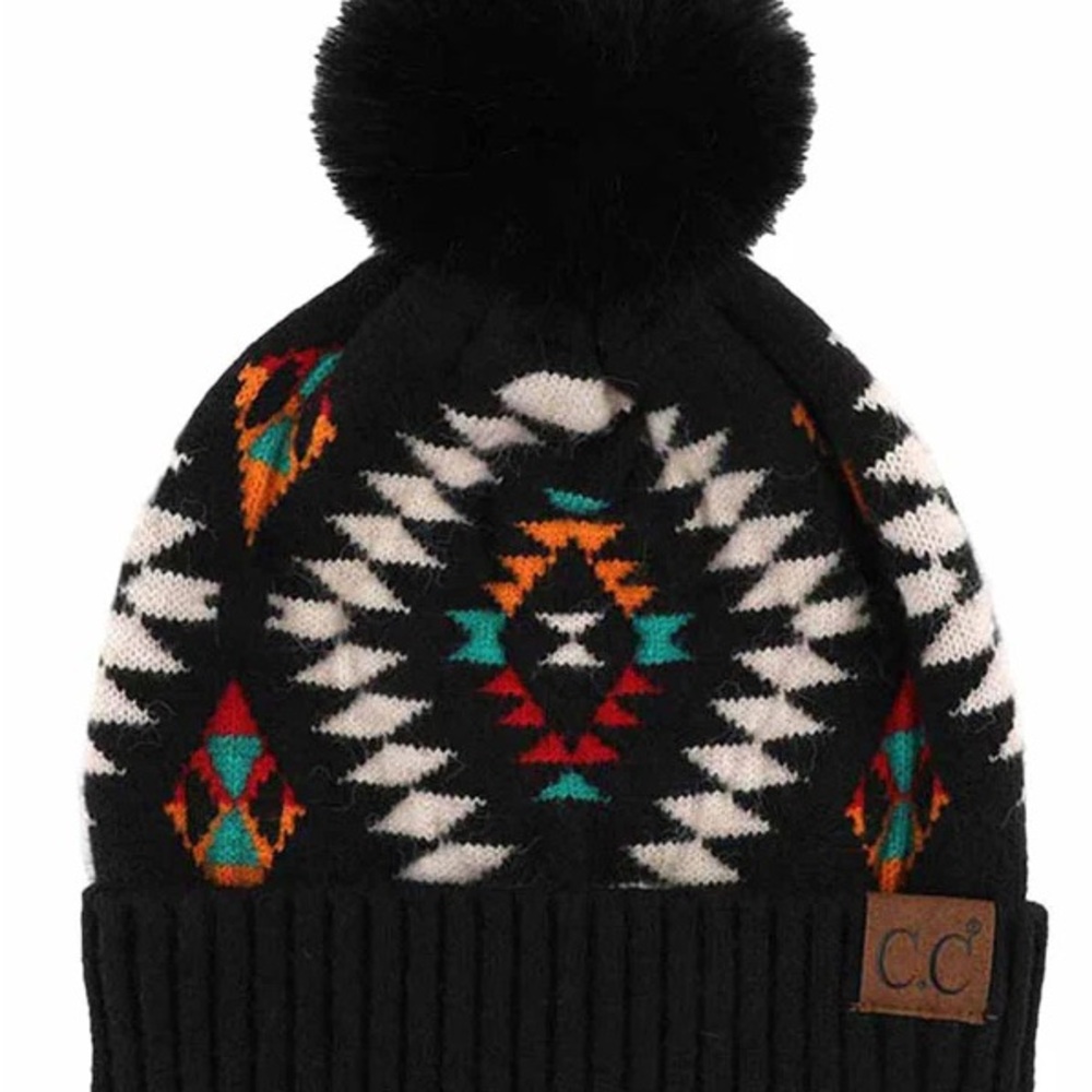 CC Beanie Black Aztec Print Single Pom Beanie